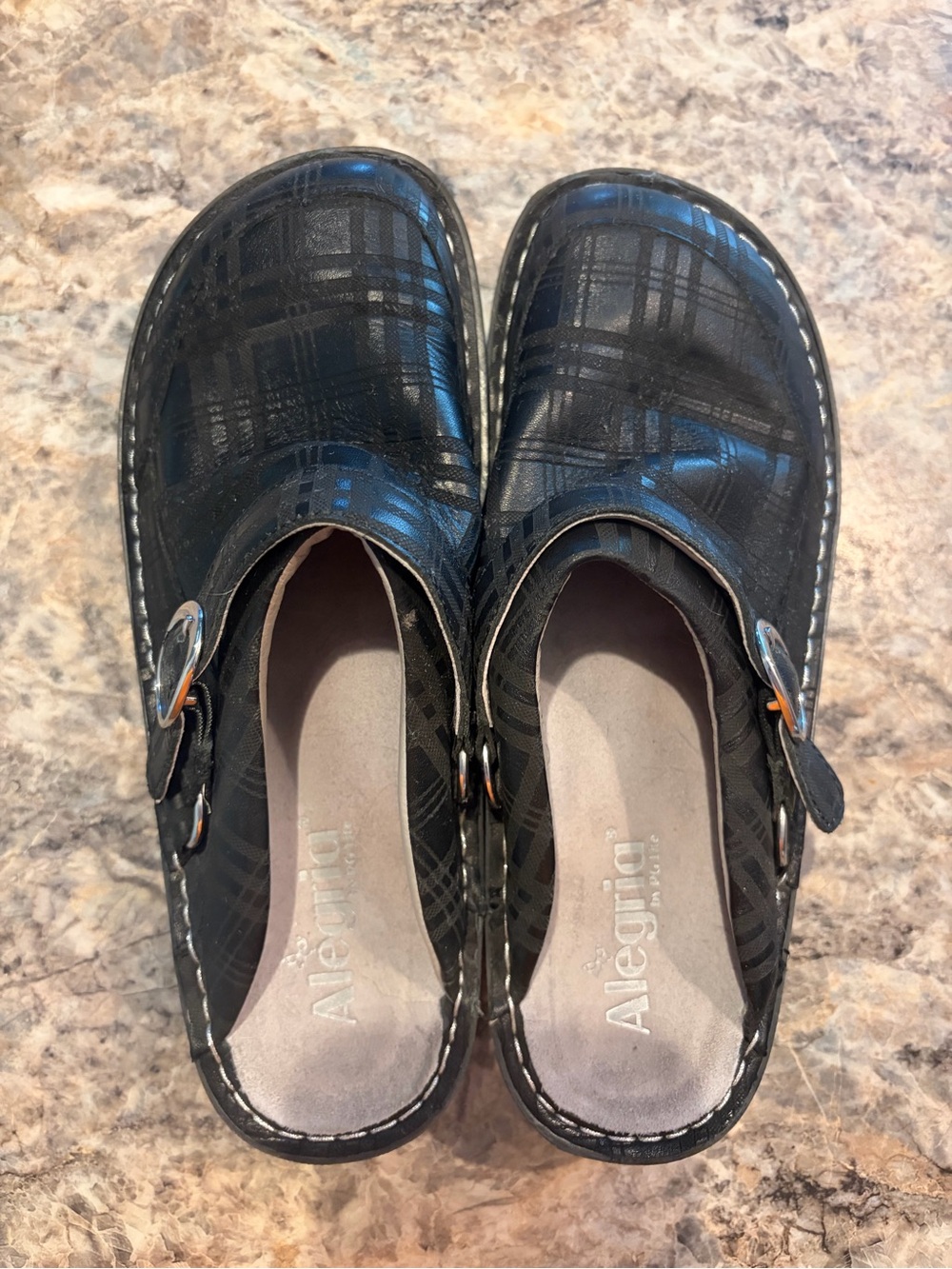 Alegria Black Plaid Slip-On Clogs with Buckle